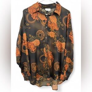 Women's ACOA Moody Floral Silky Button Down Blouse Small Earth Tone Boho‎